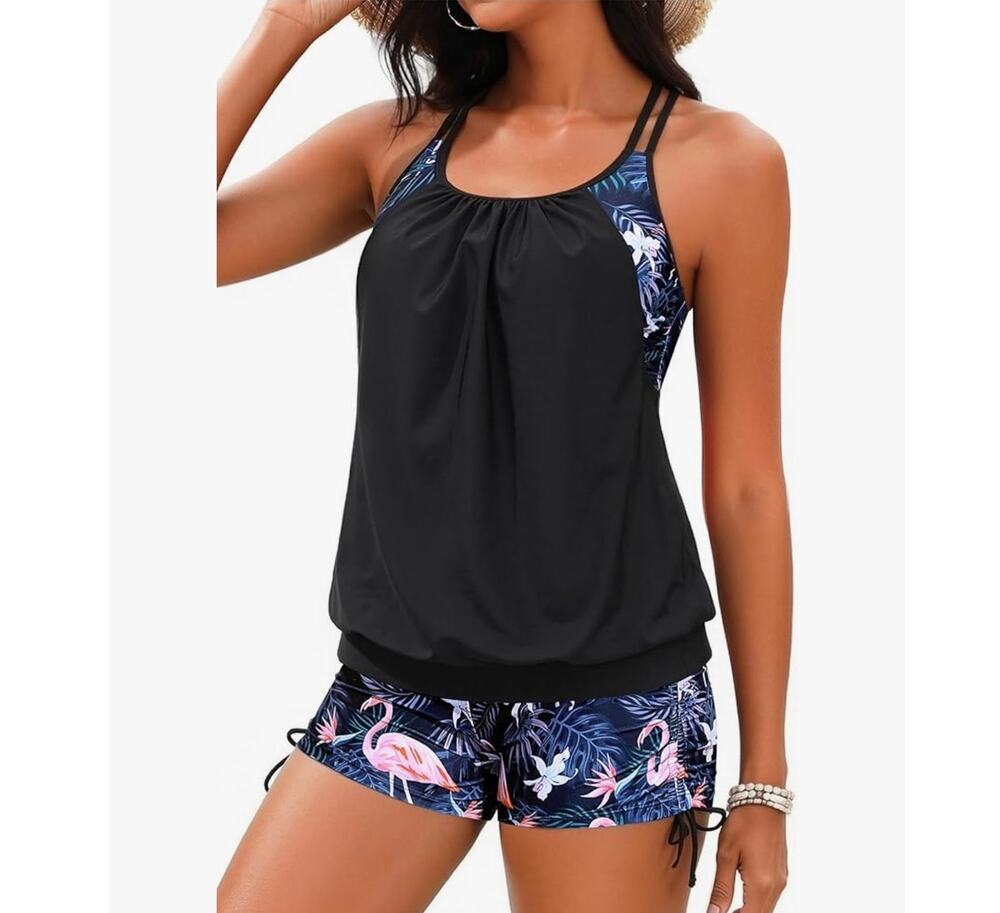 Holipick Women Blouson Tankini Swimsuit L 2 Piece Boy Shorts Tummy Control Black - Picture 1 of 8